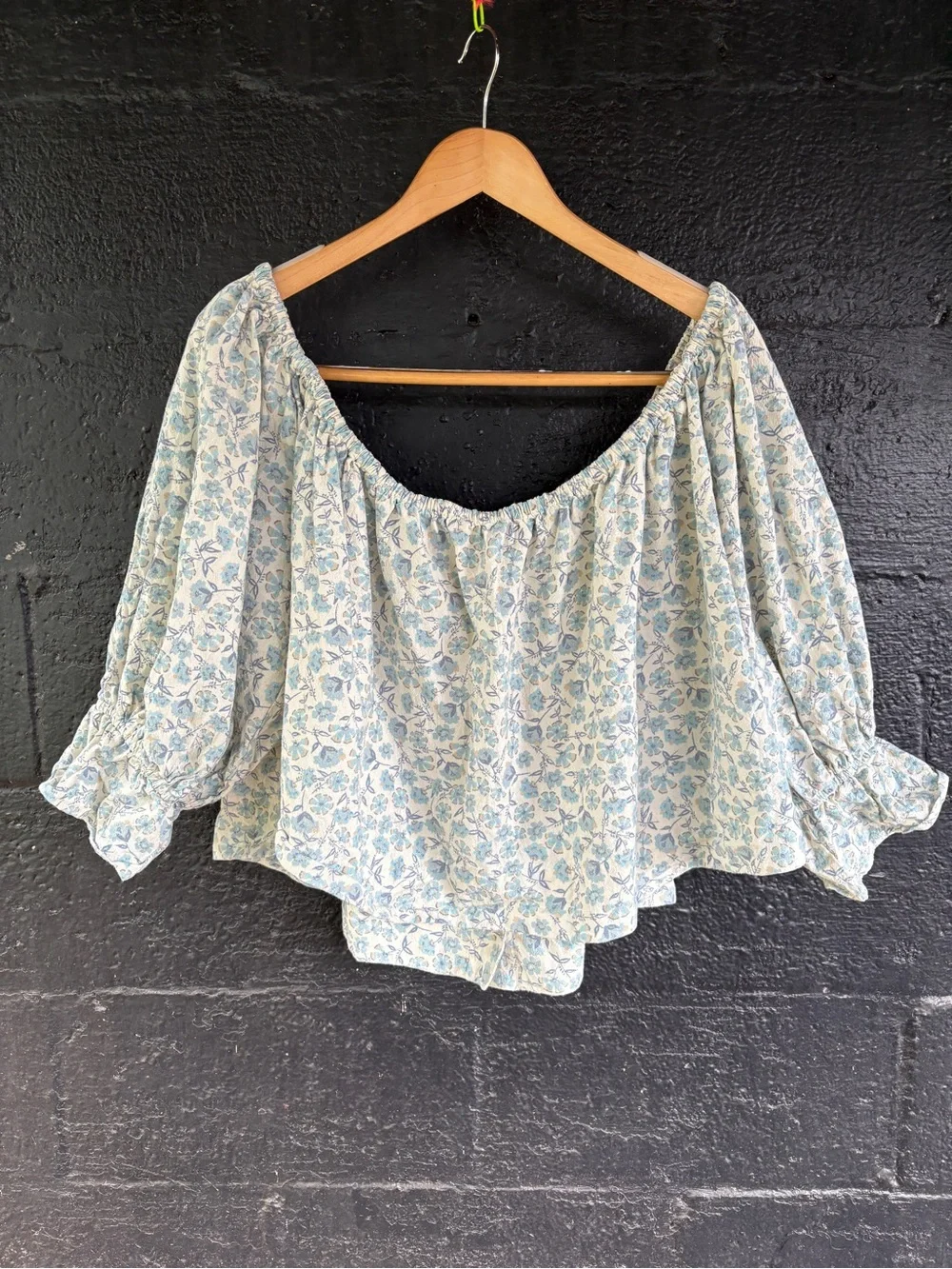 Free People Light Blue and Cream Floral Peasant Top